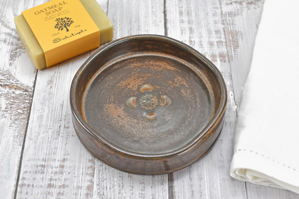 Copper Ceramic Wine Bottle Drip Bowl Handmade Stoneware Pottery Stove Top Spoon Rest Countertop Coffee Bar Rustic Southwest Soap Dish Decor