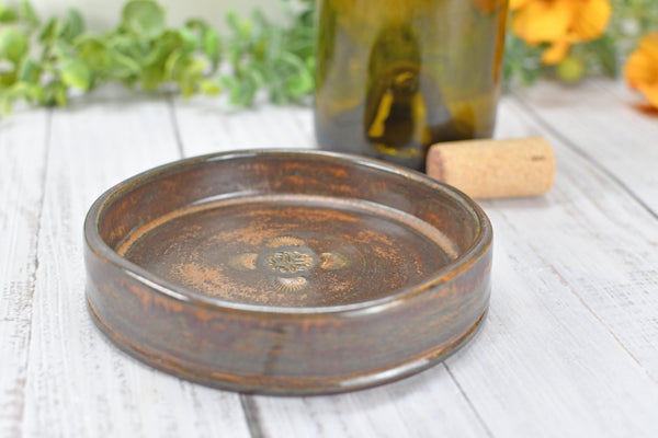 Copper Ceramic Wine Bottle Drip Bowl Handmade Stoneware Pottery Stove Top Spoon Rest Countertop Coffee Bar Rustic Southwest Soap Dish Decor