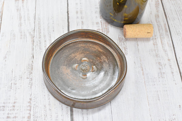 Copper Ceramic Wine Bottle Drip Bowl Handmade Stoneware Pottery Stove Top Spoon Rest Countertop Coffee Bar Rustic Southwest Soap Dish Decor