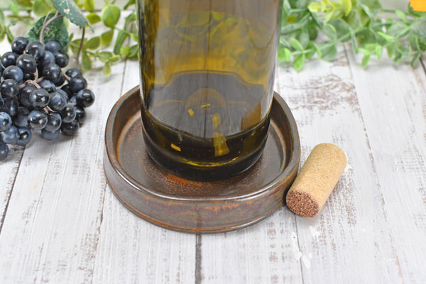 Copper Ceramic Wine Bottle Drip Bowl Handmade Stoneware Pottery Stove Top Spoon Rest Countertop Coffee Bar Rustic Southwest Soap Dish Decor