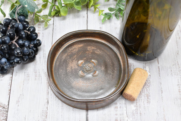 Copper Ceramic Wine Bottle Drip Bowl Handmade Stoneware Pottery Stove Top Spoon Rest Countertop Coffee Bar Rustic Southwest Soap Dish Decor