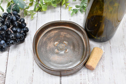 Copper Ceramic Wine Bottle Drip Bowl Handmade Stoneware Pottery Stove Top Spoon Rest Countertop Coffee Bar Rustic Southwest Soap Dish Decor