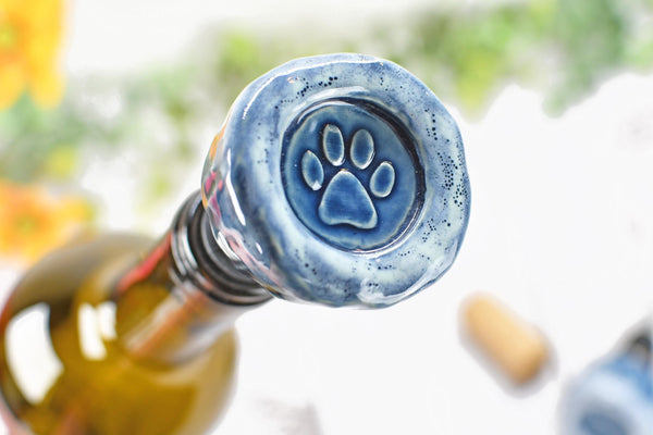 Wine Bottle Stopper, Hummingbird Ceramic Handmade Pottery Barware Unique Gift Birthday, Paw Print Pet Lover, Housewarming Coworker Christmas