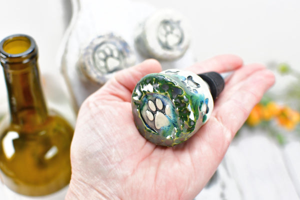 Wine Bottle Stopper, Hummingbird Ceramic Handmade Pottery Barware Unique Gift Birthday, Paw Print Pet Lover, Housewarming Coworker Christmas
