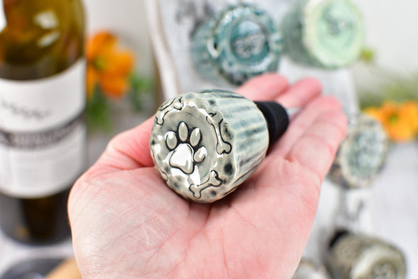 Wine Bottle Stopper, Hummingbird Ceramic Handmade Pottery Barware Unique Gift Birthday, Paw Print Pet Lover, Housewarming Coworker Christmas