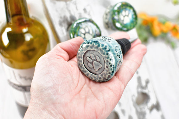 Wine Bottle Stopper, Hummingbird Ceramic Handmade Pottery Barware Unique Gift Birthday, Paw Print Pet Lover, Housewarming Coworker Christmas