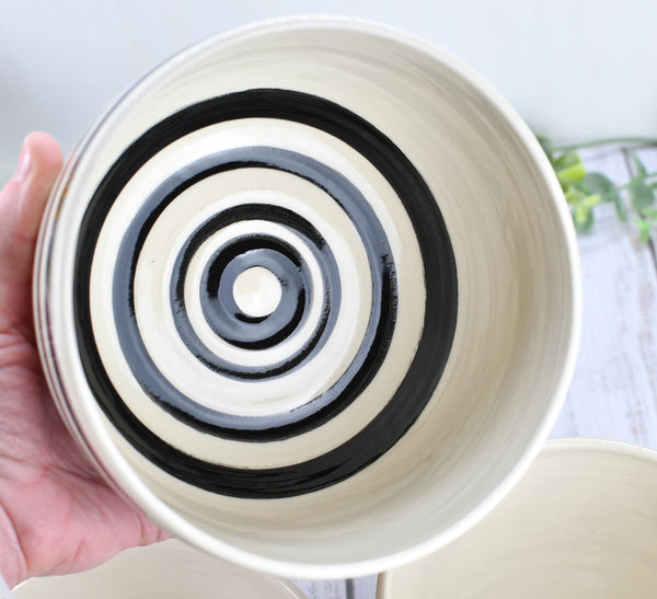 Ceramic Pottery Bowl Handmade Black White Stripe Stoneware Medium Dish Serving Dining Fruit Salad Cereal Yogurt Soup Dip Snacks, Per Each