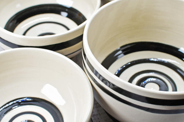 Ceramic Pottery Bowl Handmade Black White Stripe Stoneware Medium Dish Serving Dining Fruit Salad Cereal Yogurt Soup Dip Snacks, Per Each