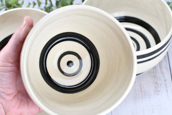 Ceramic Pottery Bowl Handmade Black White Stripe Stoneware Medium Dish Serving Dining Fruit Salad Cereal Yogurt Soup Dip Snacks, Per Each