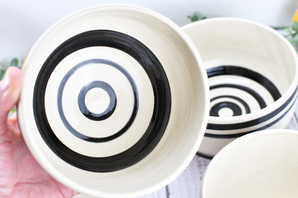 Ceramic Pottery Bowl Handmade Black White Stripe Stoneware Medium Dish Serving Dining Fruit Salad Cereal Yogurt Soup Dip Snacks, Per Each