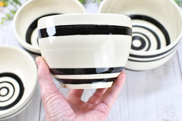 Ceramic Pottery Bowl Handmade Black White Stripe Stoneware Medium Dish Serving Dining Fruit Salad Cereal Yogurt Soup Dip Snacks, Per Each