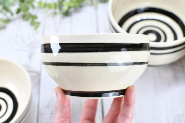 Ceramic Pottery Bowl Handmade Black White Stripe Stoneware Medium Dish Serving Dining Fruit Salad Cereal Yogurt Soup Dip Snacks, Per Each