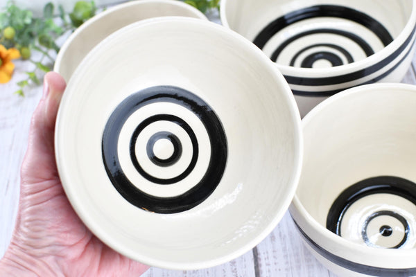 Ceramic Pottery Bowl Handmade Black White Stripe Stoneware Medium Dish Serving Dining Fruit Salad Cereal Yogurt Soup Dip Snacks, Per Each