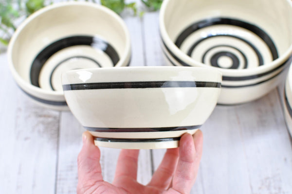 Ceramic Pottery Bowl Handmade Black White Stripe Stoneware Medium Dish Serving Dining Fruit Salad Cereal Yogurt Soup Dip Snacks, Per Each