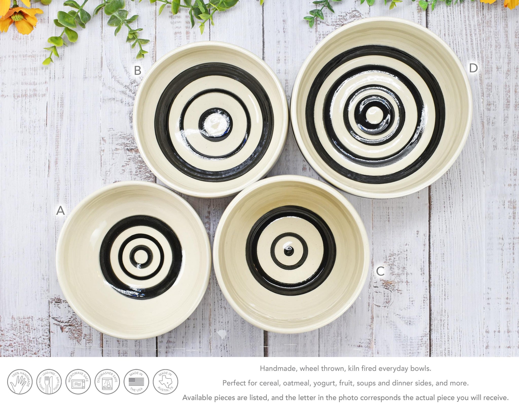 Ceramic Pottery Bowl Handmade Black White Stripe Stoneware Medium Dish Serving Dining Fruit Salad Cereal Yogurt Soup Dip Snacks, Per Each