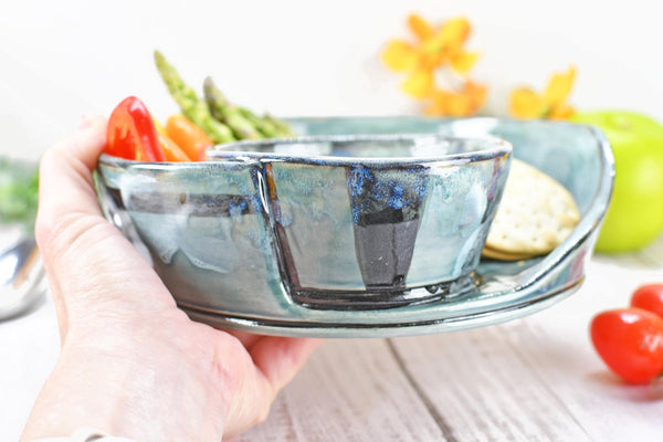 Chip Dip Ceramic Pottery Handmade Bowl, Sage Blue Black Snack Dish, Stoneware Charcuterie Party Serving Dining, Unique Housewarming Gift