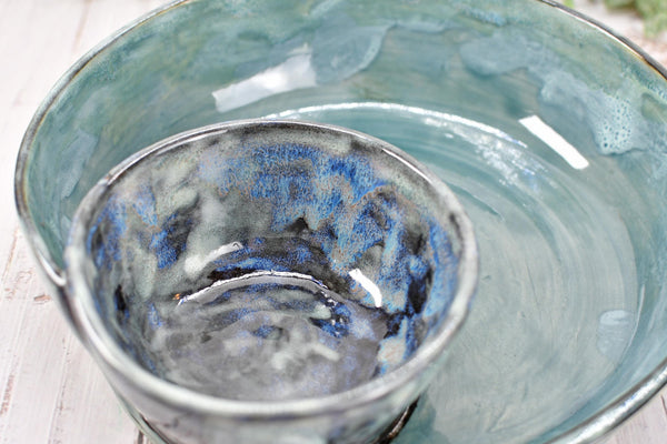 Chip Dip Ceramic Pottery Handmade Bowl, Sage Blue Black Snack Dish, Stoneware Charcuterie Party Serving Dining, Unique Housewarming Gift