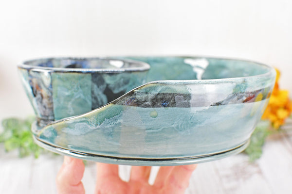 Chip Dip Ceramic Pottery Handmade Bowl, Sage Blue Black Snack Dish, Stoneware Charcuterie Party Serving Dining, Unique Housewarming Gift