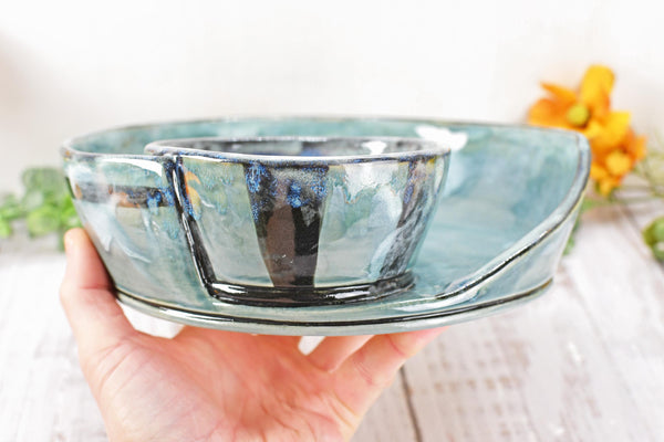 Chip Dip Ceramic Pottery Handmade Bowl, Sage Blue Black Snack Dish, Stoneware Charcuterie Party Serving Dining, Unique Housewarming Gift