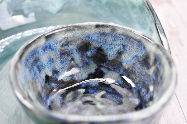 Chip Dip Ceramic Pottery Handmade Bowl, Sage Blue Black Snack Dish, Stoneware Charcuterie Party Serving Dining, Unique Housewarming Gift