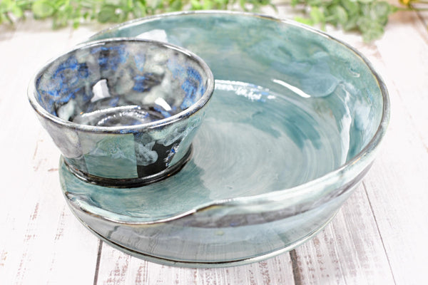 Chip Dip Ceramic Pottery Handmade Bowl, Sage Blue Black Snack Dish, Stoneware Charcuterie Party Serving Dining, Unique Housewarming Gift