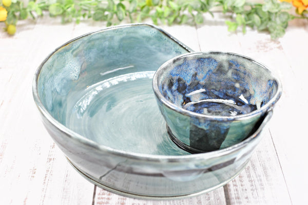 Chip Dip Ceramic Pottery Handmade Bowl, Sage Blue Black Snack Dish, Stoneware Charcuterie Party Serving Dining, Unique Housewarming Gift