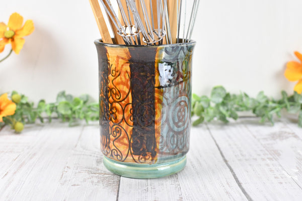Ceramic Utensil Crock Small Handmade Pottery Mediterranean Flower Vase Stoneware Earthy Home Decor Bronze Black Paint Brush Holder BoHo