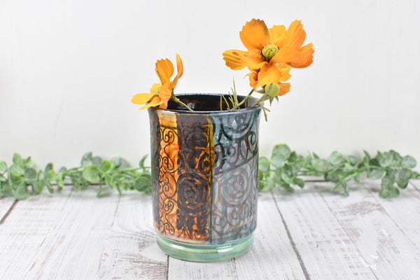 Ceramic Utensil Crock Small Handmade Pottery Mediterranean Flower Vase Stoneware Earthy Home Decor Bronze Black Paint Brush Holder BoHo