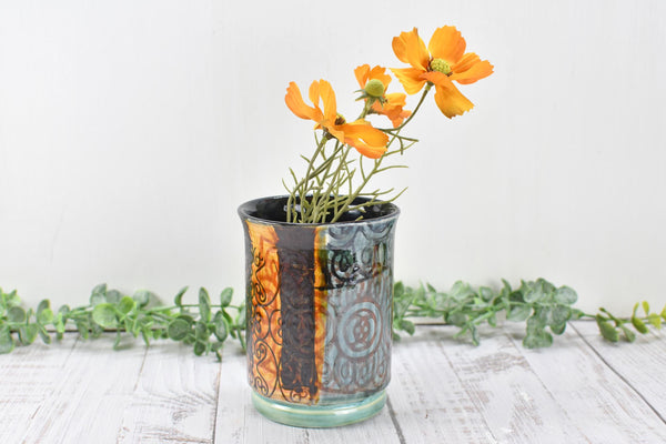 Ceramic Utensil Crock Small Handmade Pottery Mediterranean Flower Vase Stoneware Earthy Home Decor Bronze Black Paint Brush Holder BoHo