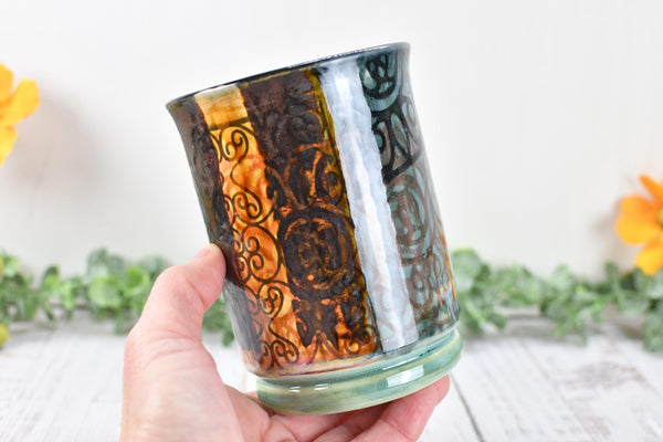 Ceramic Utensil Crock Small Handmade Pottery Mediterranean Flower Vase Stoneware Earthy Home Decor Bronze Black Paint Brush Holder BoHo