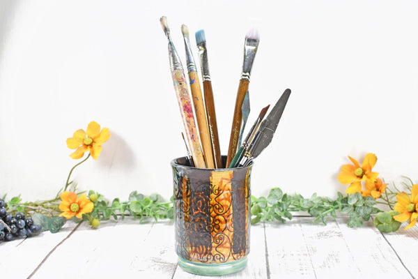 Ceramic Utensil Crock Small Handmade Pottery Mediterranean Flower Vase Stoneware Earthy Home Decor Bronze Black Paint Brush Holder BoHo