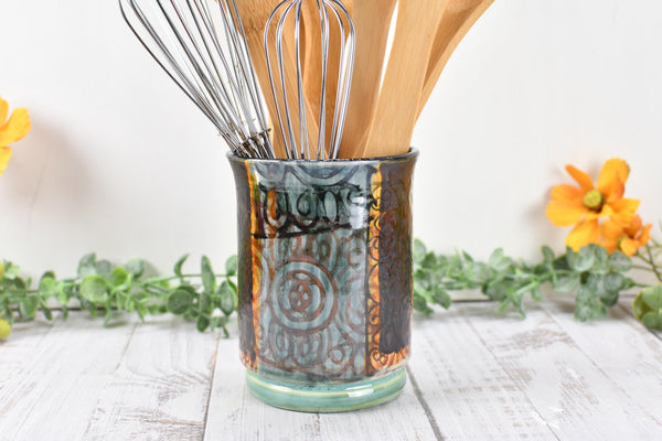 Ceramic Utensil Crock Small Handmade Pottery Mediterranean Flower Vase Stoneware Earthy Home Decor Bronze Black Paint Brush Holder BoHo