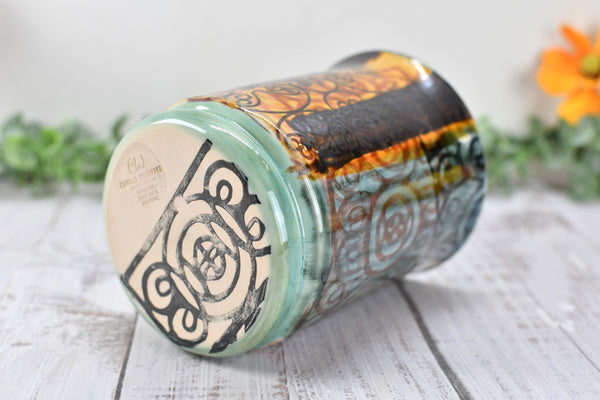 Ceramic Utensil Crock Small Handmade Pottery Mediterranean Flower Vase Stoneware Earthy Home Decor Bronze Black Paint Brush Holder BoHo