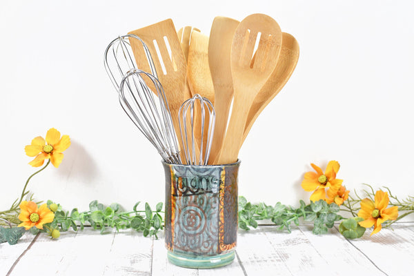 Ceramic Utensil Crock Small Handmade Pottery Mediterranean Flower Vase Stoneware Earthy Home Decor Bronze Black Paint Brush Holder BoHo