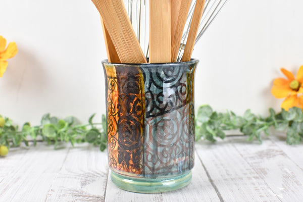 Ceramic Utensil Crock Small Handmade Pottery Mediterranean Flower Vase Stoneware Earthy Home Decor Bronze Black Paint Brush Holder BoHo