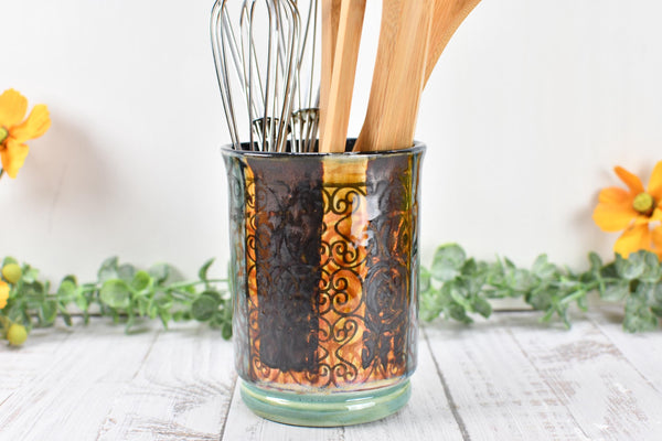 Ceramic Utensil Crock Small Handmade Pottery Mediterranean Flower Vase Stoneware Earthy Home Decor Bronze Black Paint Brush Holder BoHo