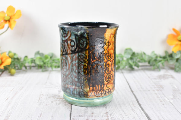 Ceramic Utensil Crock Small Handmade Pottery Mediterranean Flower Vase Stoneware Earthy Home Decor Bronze Black Paint Brush Holder BoHo