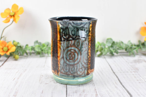 Ceramic Utensil Crock Small Handmade Pottery Mediterranean Flower Vase Stoneware Earthy Home Decor Bronze Black Paint Brush Holder BoHo