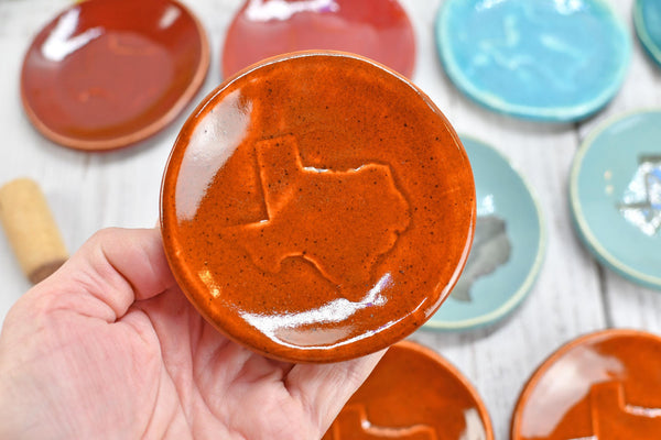 Texas Ceramic Small Coffee Spoon Rest, Handmade Jewelry Trinket Dish, Stoneware Pottery, Burnt Orange, Blue, Turquoise, Brown, Green, Black