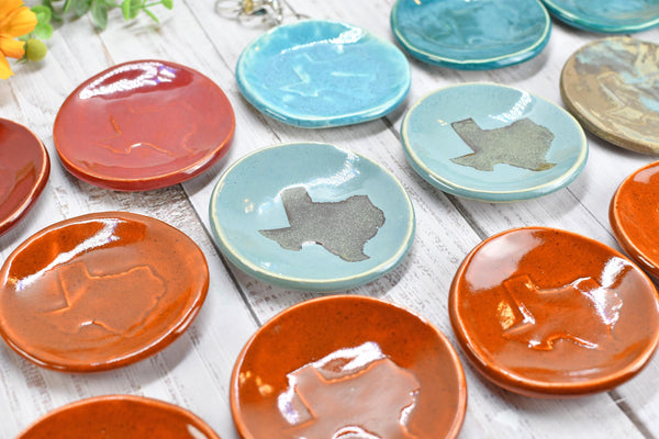 Texas Ceramic Small Coffee Spoon Rest, Handmade Jewelry Trinket Dish, Stoneware Pottery, Burnt Orange, Blue, Turquoise, Brown, Green, Black