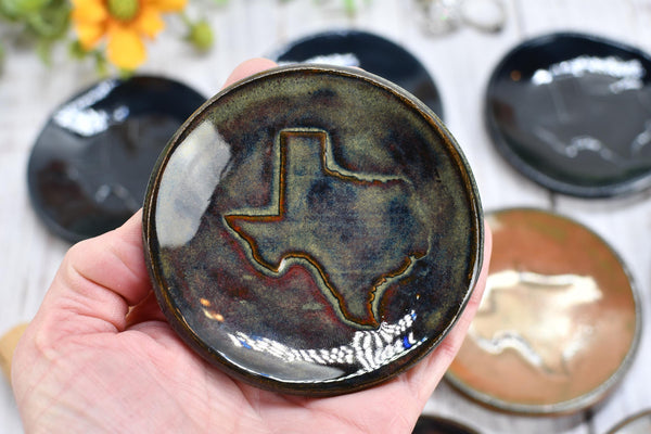 Texas Ceramic Small Coffee Spoon Rest, Handmade Jewelry Trinket Dish, Stoneware Pottery, Burnt Orange, Blue, Turquoise, Brown, Green, Black