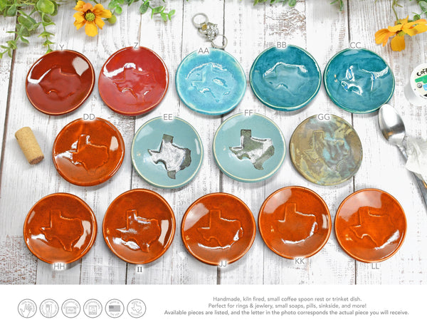 Texas Ceramic Small Coffee Spoon Rest, Handmade Jewelry Trinket Dish, Stoneware Pottery, Burnt Orange, Blue, Turquoise, Brown, Green, Black