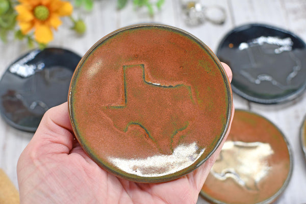 Texas Ceramic Small Coffee Spoon Rest, Handmade Jewelry Trinket Dish, Stoneware Pottery, Burnt Orange, Blue, Turquoise, Brown, Green, Black