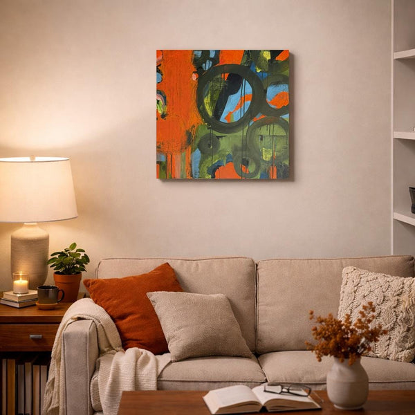 Original Abstract Painting 24x24 Wall Art Orange Green Black Blue Contemporary Art Ready to Hang Stretched Canvas Not A Print