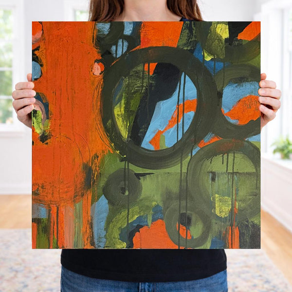 Original Abstract Painting 24x24 Wall Art Orange Green Black Blue Contemporary Art Ready to Hang Stretched Canvas Not A Print