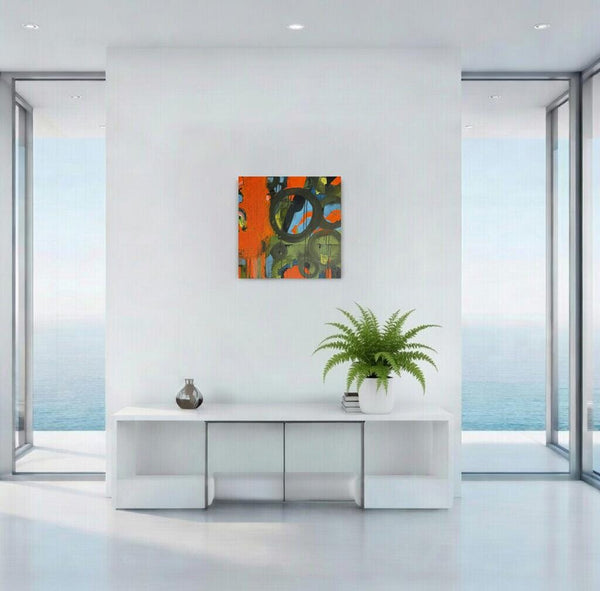 Original Abstract Painting 24x24 Wall Art Orange Green Black Blue Contemporary Art Ready to Hang Stretched Canvas Not A Print