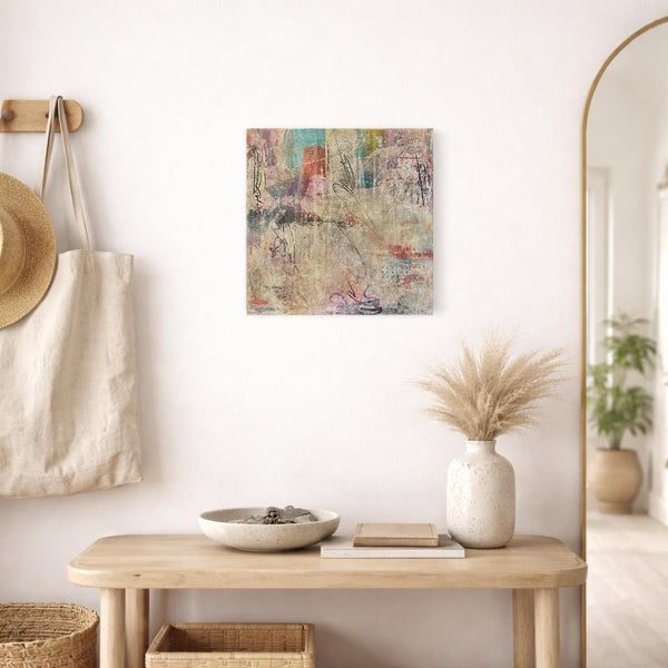 Original Abstract Painting: Beige, Teal Blue, Black, Orange, 12x12 Canvas Mixed Media