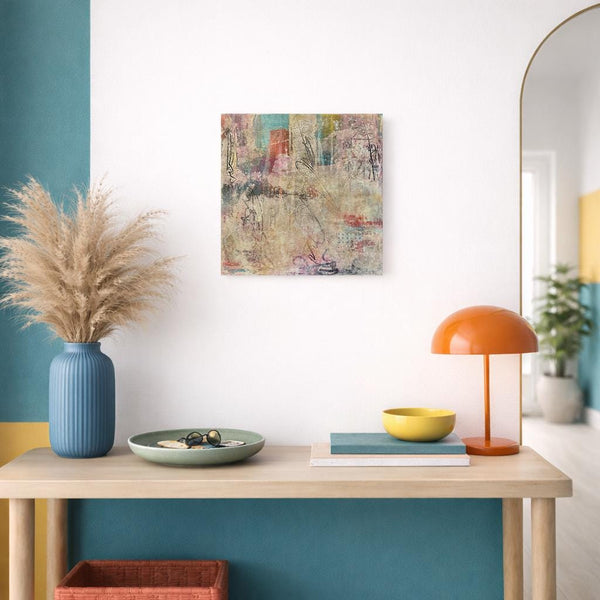 Original Abstract Painting: Beige, Teal Blue, Black, Orange, 12x12 Canvas Mixed Media