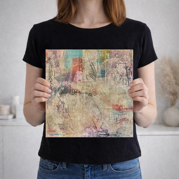 Original Abstract Painting: Beige, Teal Blue, Black, Orange, 12x12 Canvas Mixed Media