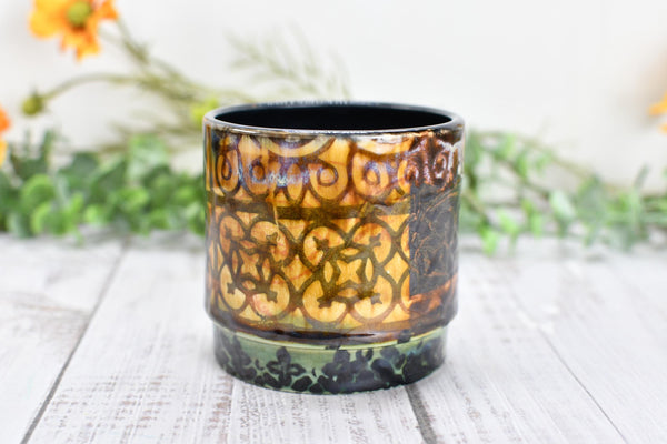Bronze Whiskey Bourbon Cup, Pottery Anniversary Handmade Ceramic Tumbler Cardinal Bird Lover Bar Wine Gift, Black, Green, Tan Moroccan